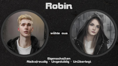  Robin - wähle aus: männlich oder weiblich - Eigenschaften: Risikofreudig - Ungeduldig - Unüberlegt